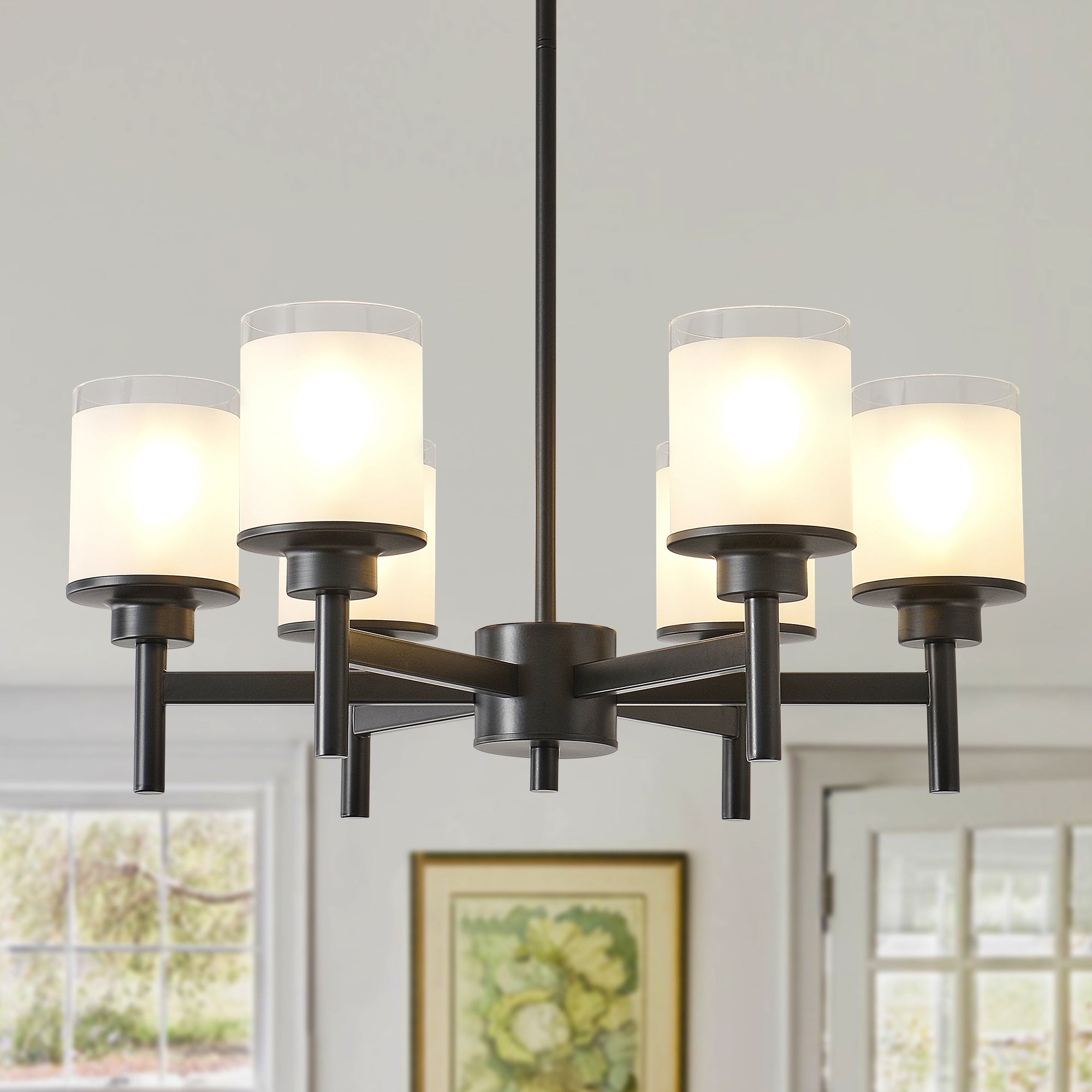 Clara matte black farmhouse chandelier with frosted glass shades front view on white background