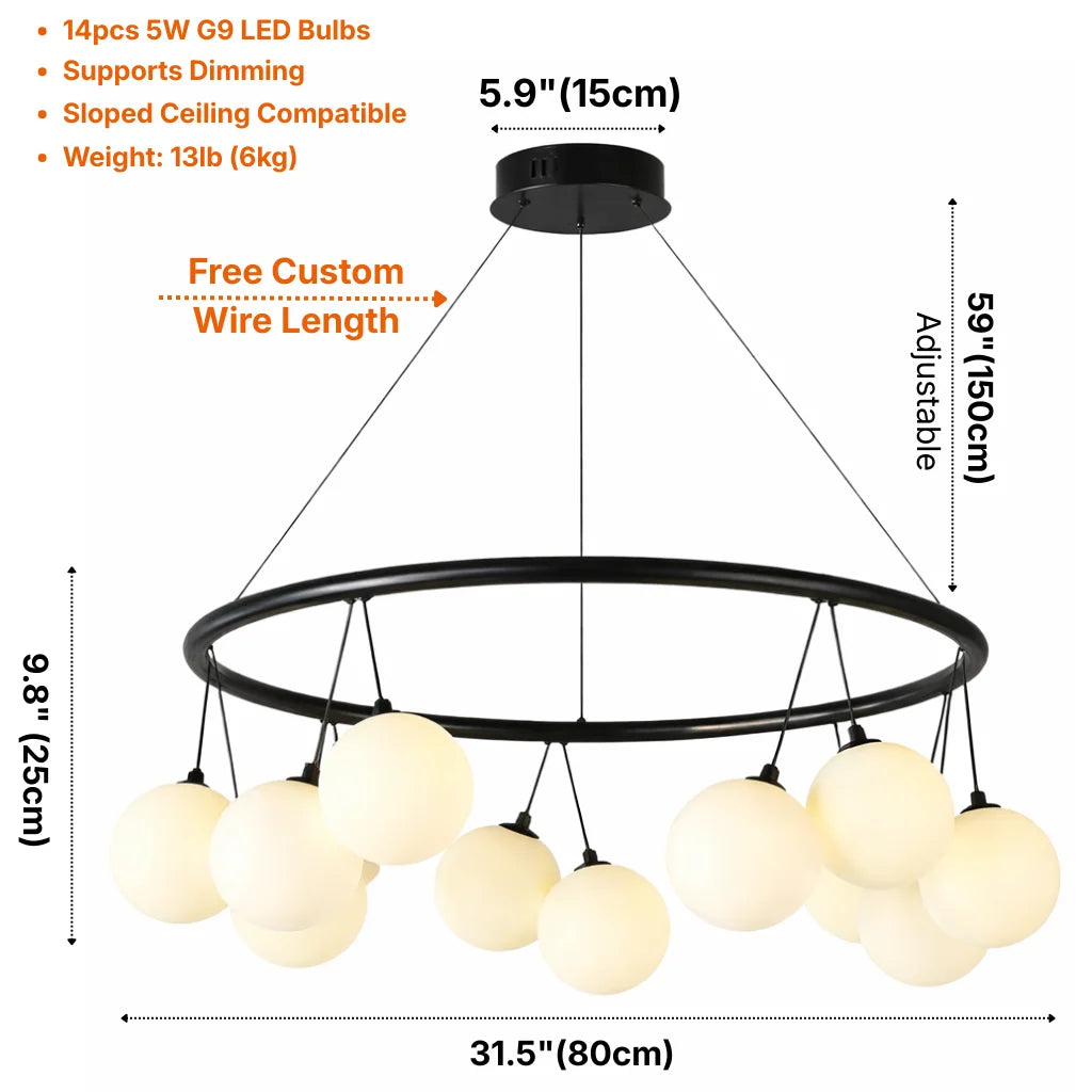 Sol Modern Black Glass Ball LED Chandelier for Living Room