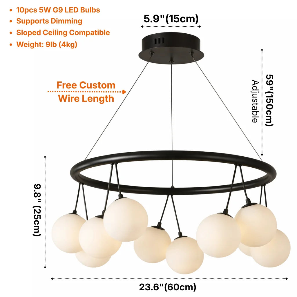 Sol Modern Black Glass Ball LED Chandelier for Living Room