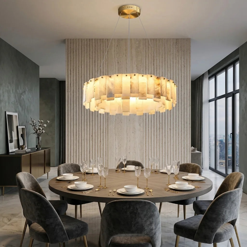 Vena Luxury Gold Circular Marble LED Chandelier for Living Room