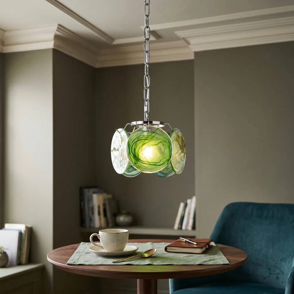 Celina Colorful Glass Pendant Light warm LED glow through multicolor glass in dining room