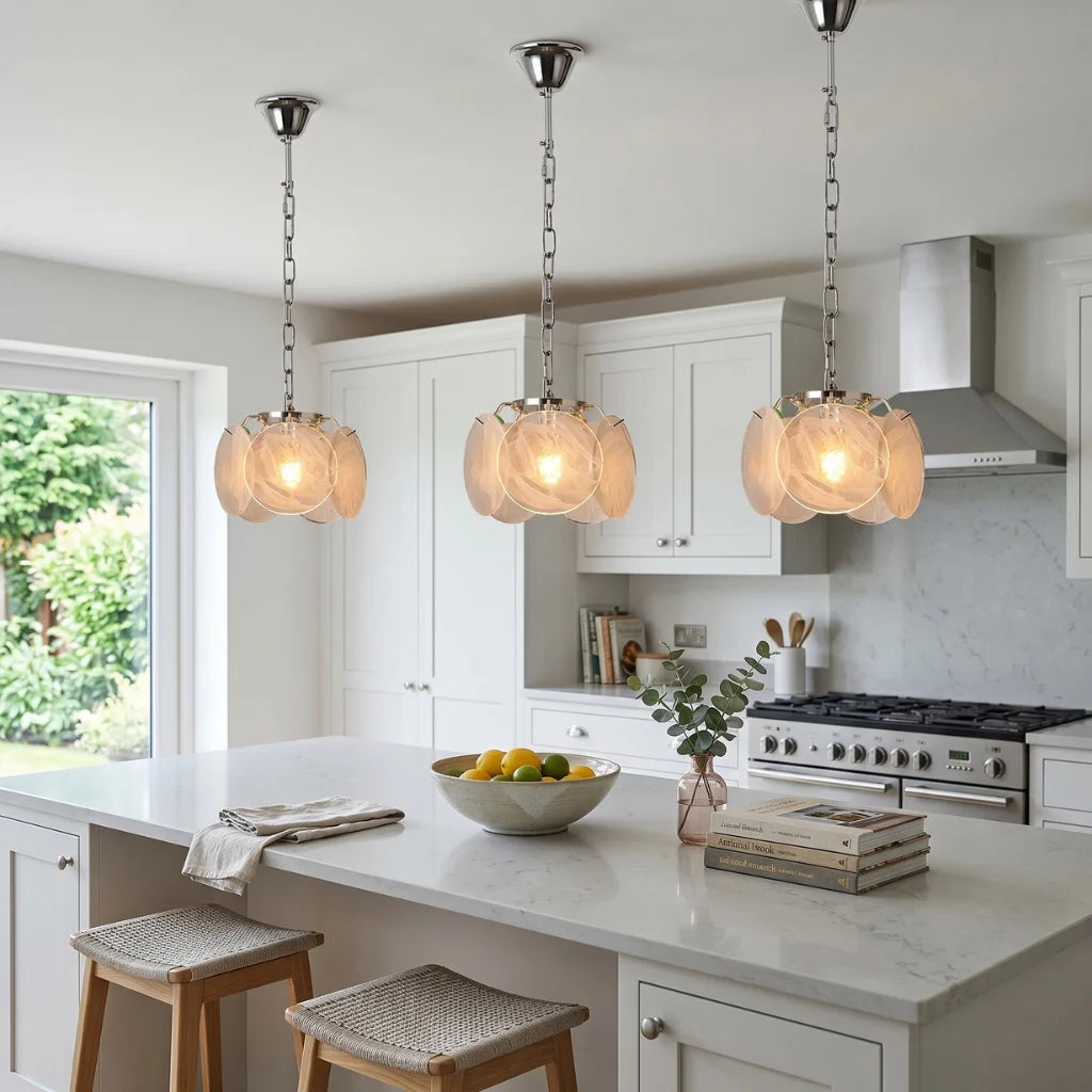 YOOGEE Celina Glass Pendant Light in bright kitchen with natural light showing glass transparency