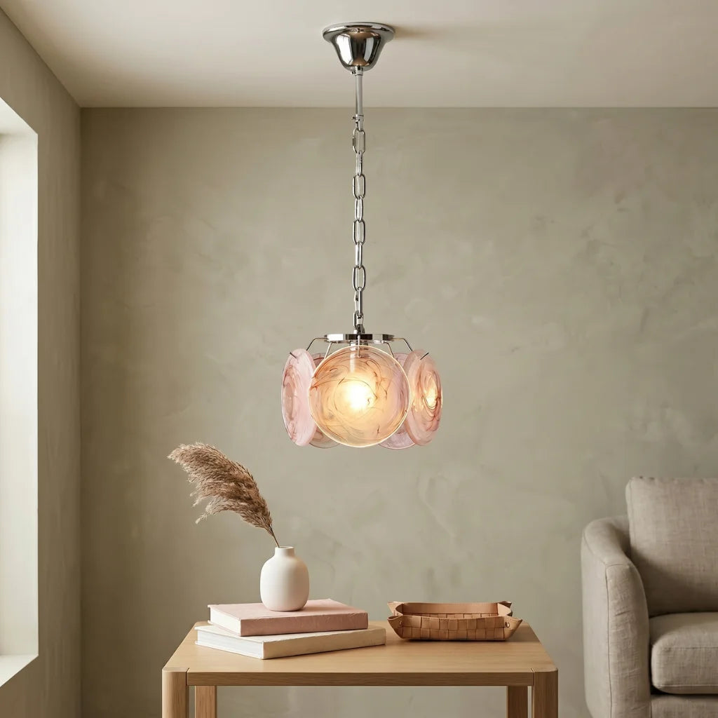 Celina Colorful Glass Pendant Light hanging above dining room table in modern American home