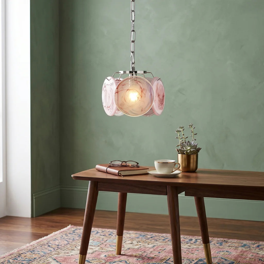 Celina Art Glass Pendant Light by YOOGEE angled view showing vibrant color pattern detail