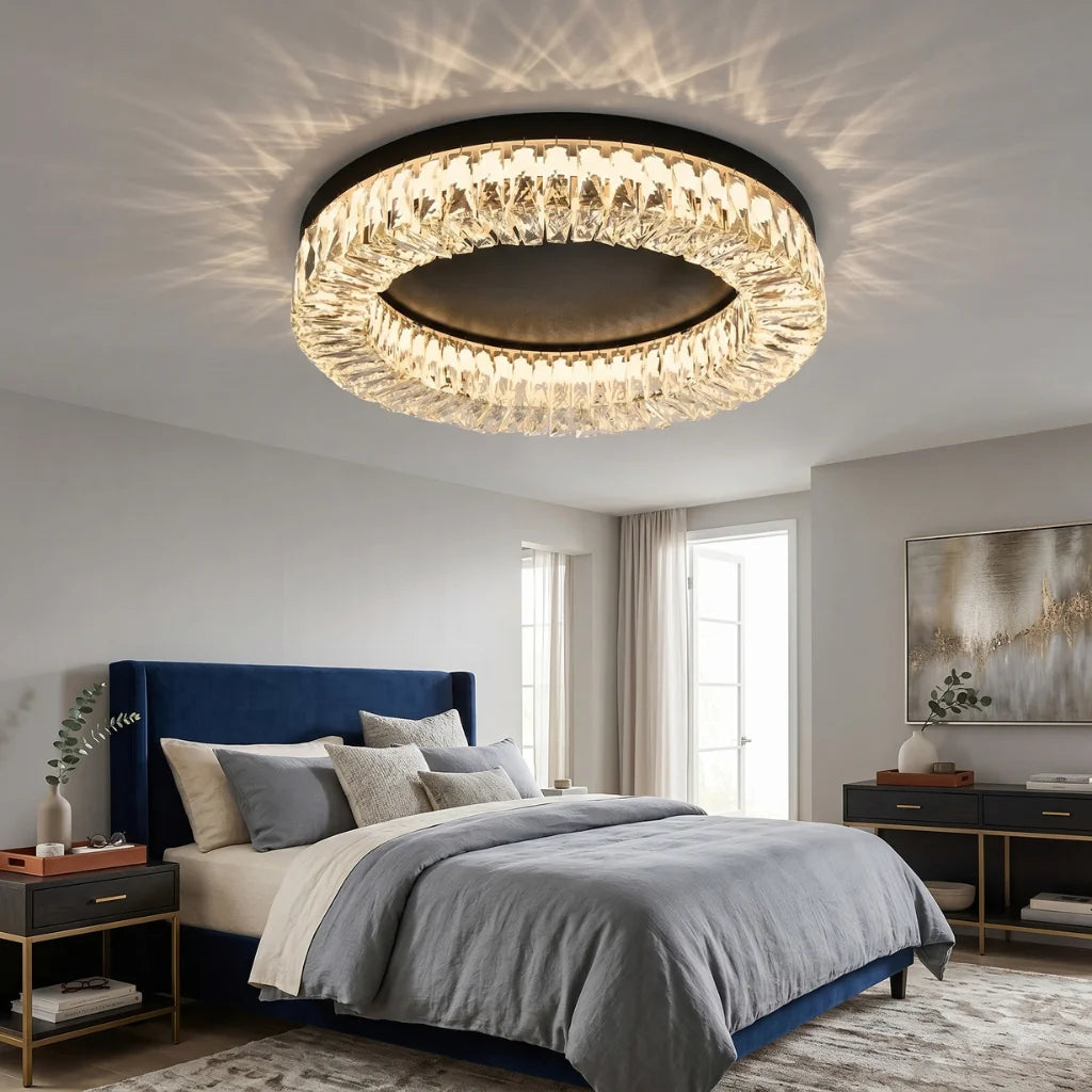 Round Led Crystal Flat Mounted Ceiling Lamp For Bedroom