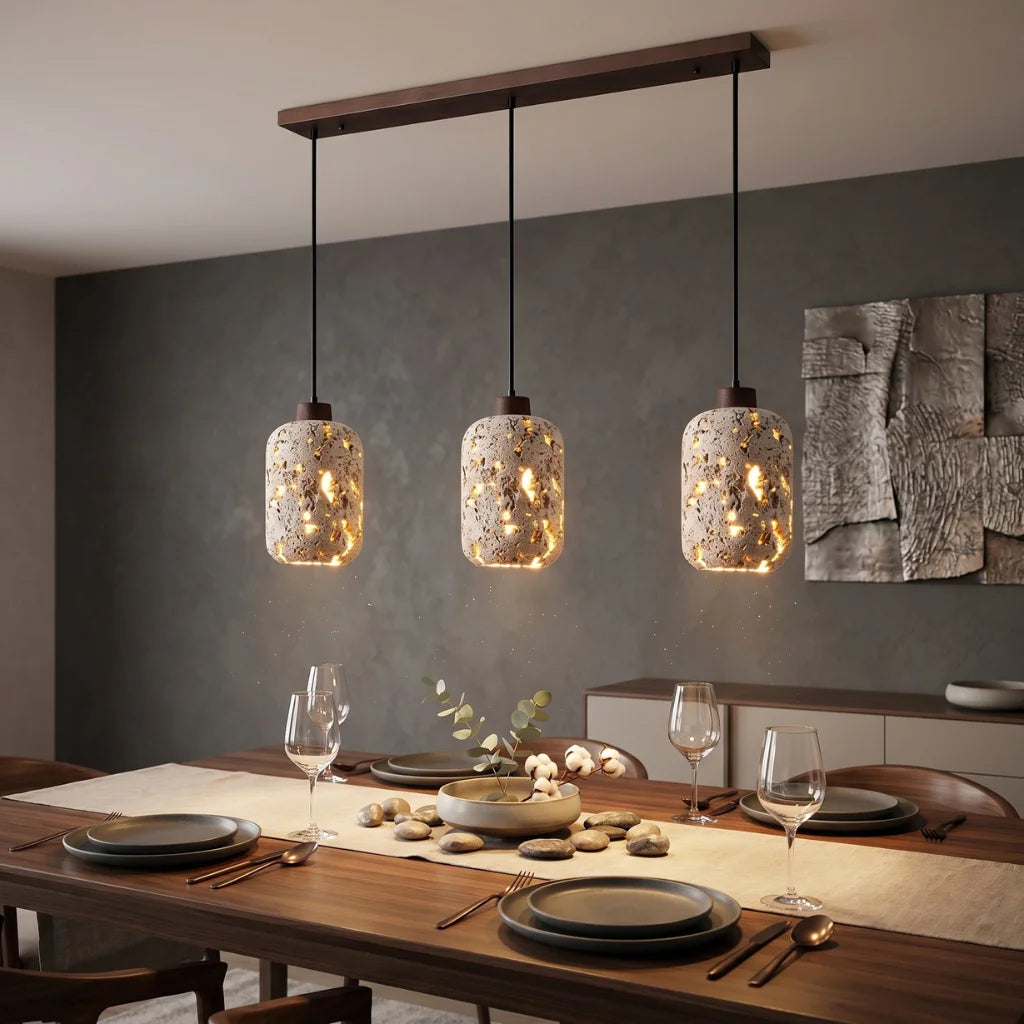Tufa Calcified Stone Pendant Light hanging above kitchen island in modern farmhouse kitchen