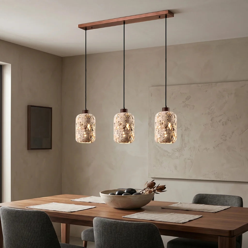 YOOGEE Tufa Stone Pendant Light in dining room over rustic wood table setting