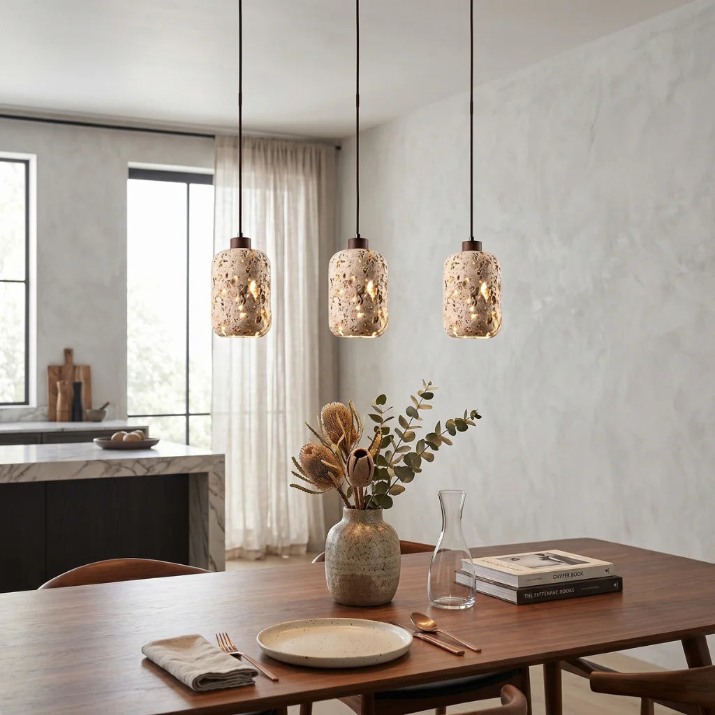 Tufa Calcified Stone Pendant Light close-up showing natural stone texture and warm light glow
