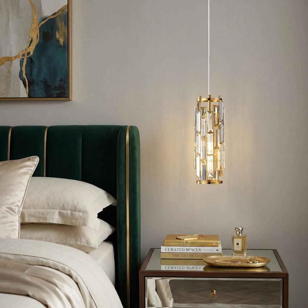 Clyo Black Crystal Pendant Light hanging above kitchen island in modern American home
