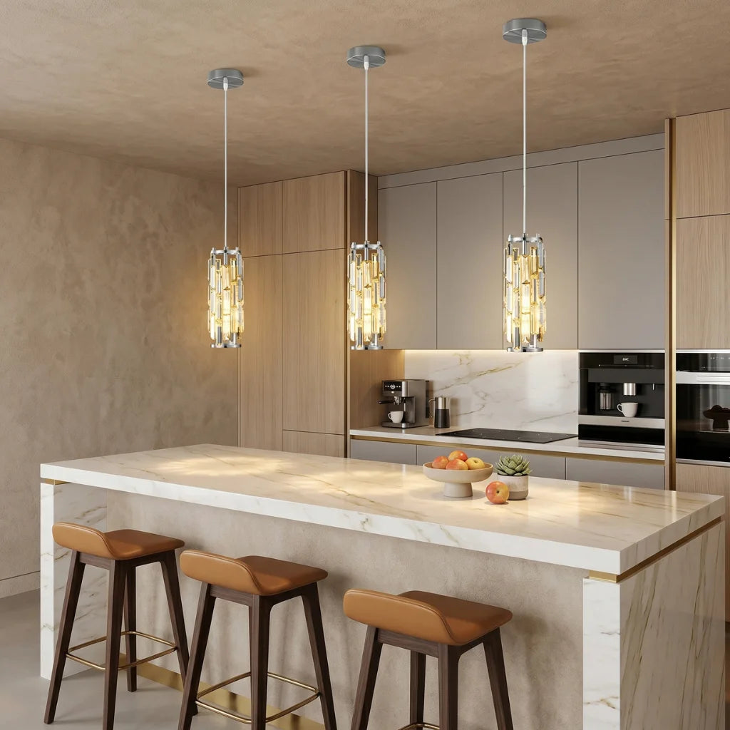Clyo Chrome Crystal Pendant Light installed in luxury hallway entryway