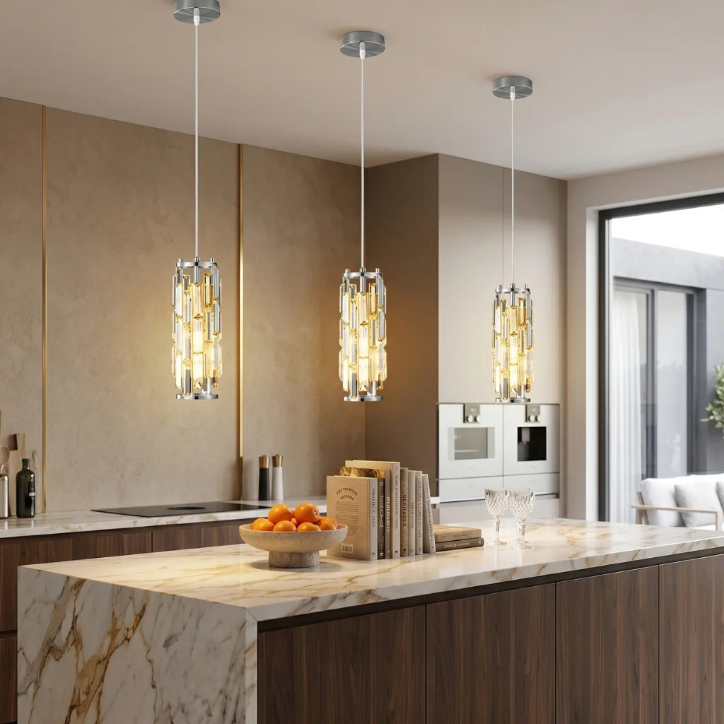 YOOGEE Clyo Crystal Pendant Lights cluster of three over large kitchen island