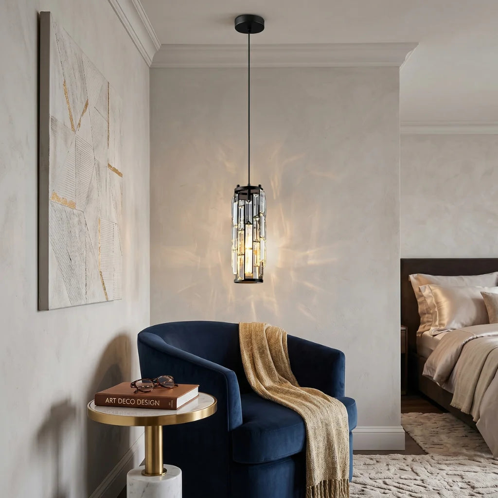 Clyo Crystal Pendant Light close-up showing faceted glass crystal texture and metal finish