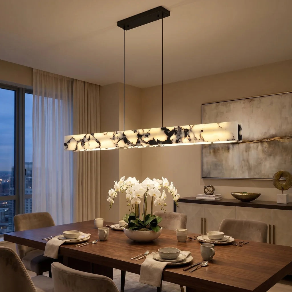 Modern brass pendant light for upscale American home interiors