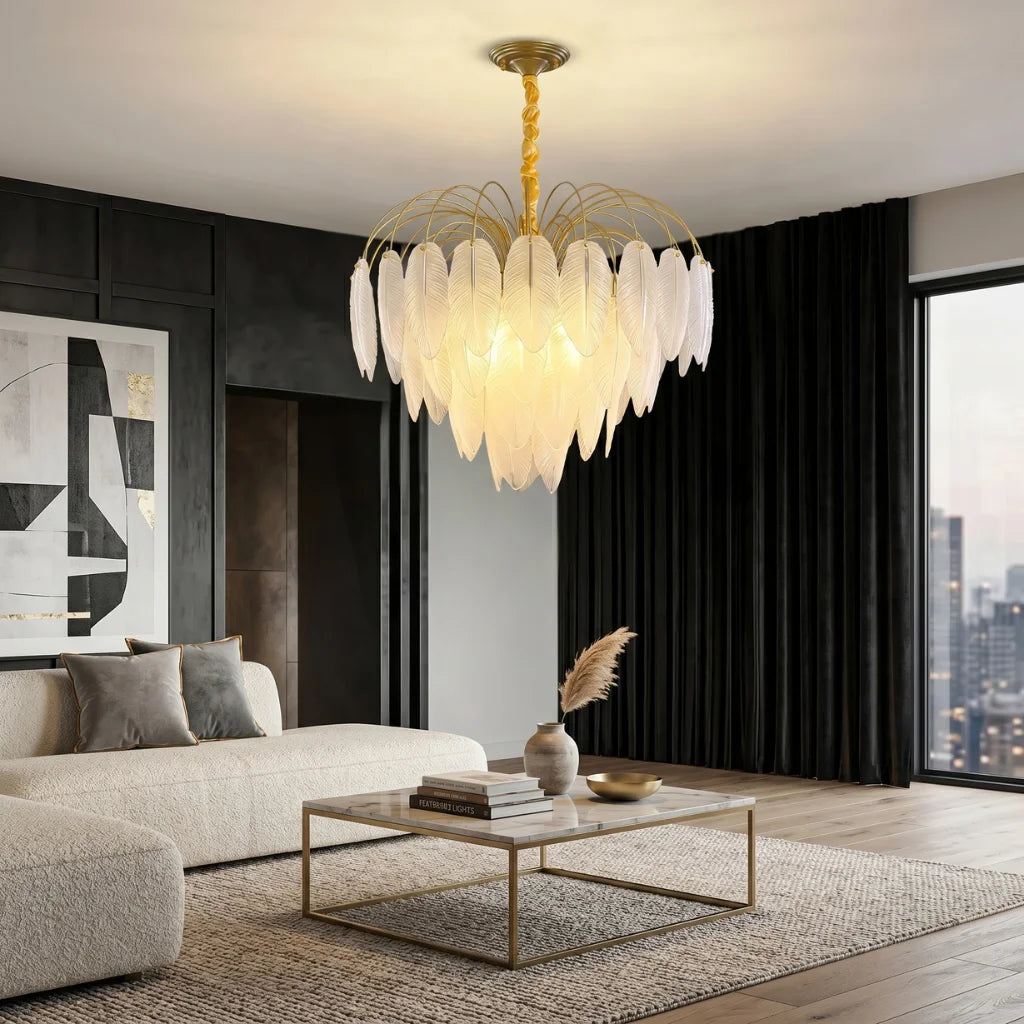 Pluma Modern LED Feather-Inspired Crystal Chandelier for Living Spaces