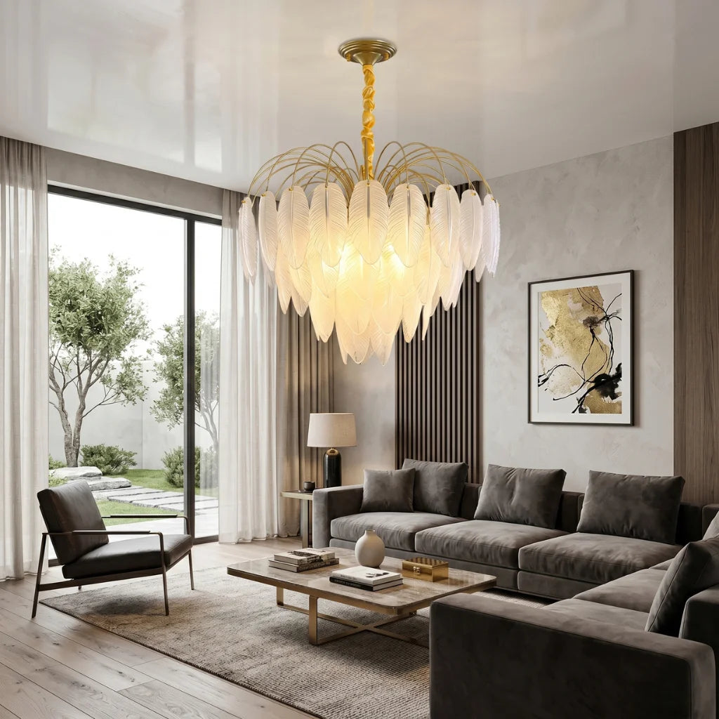 Pluma Modern LED Feather-Inspired Crystal Chandelier for Living Spaces
