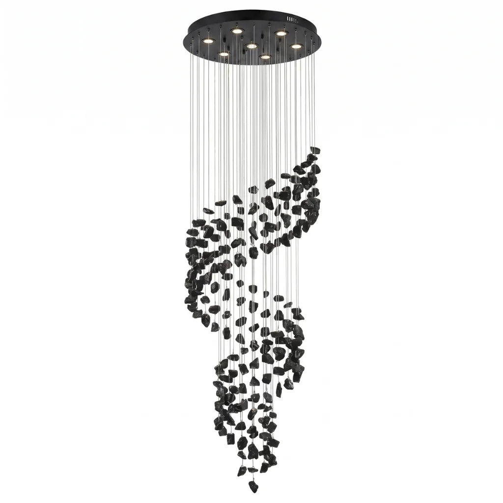 Black Obsidian Spiral Staircase Chandelier Gema — front view on white background