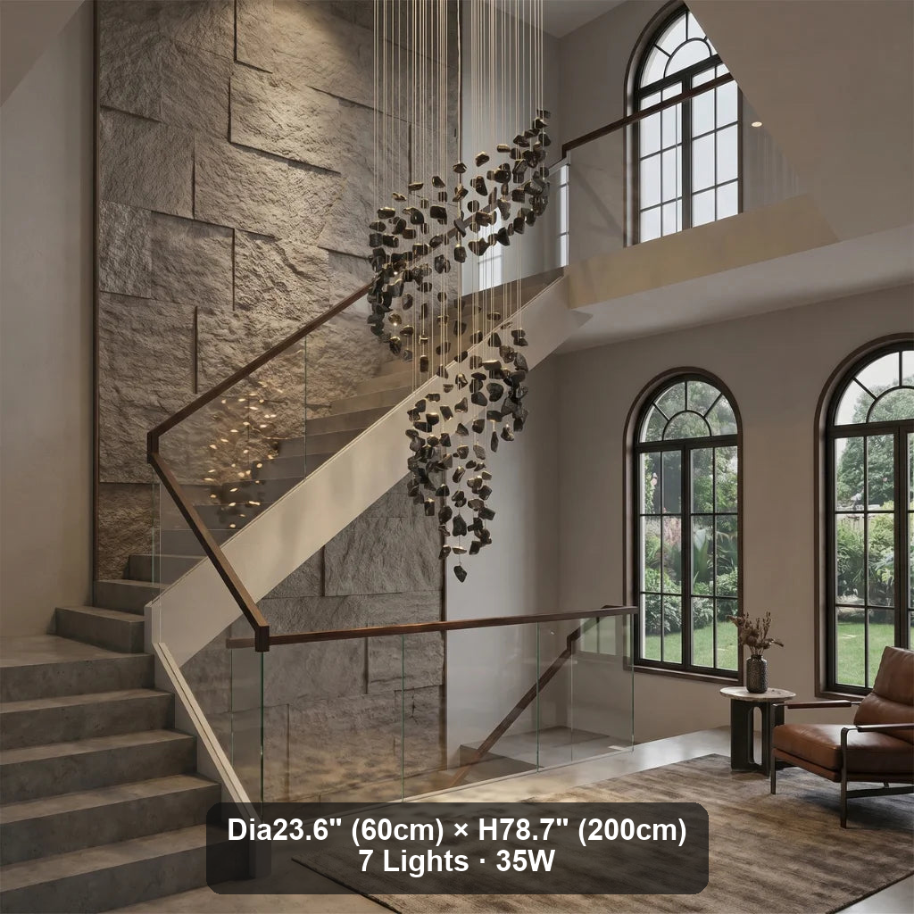Gema Black Spiral Chandelier in modern living room with high ceiling
