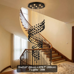 Black Obsidian Tiered Chandelier Gema hanging in luxury staircase foyer