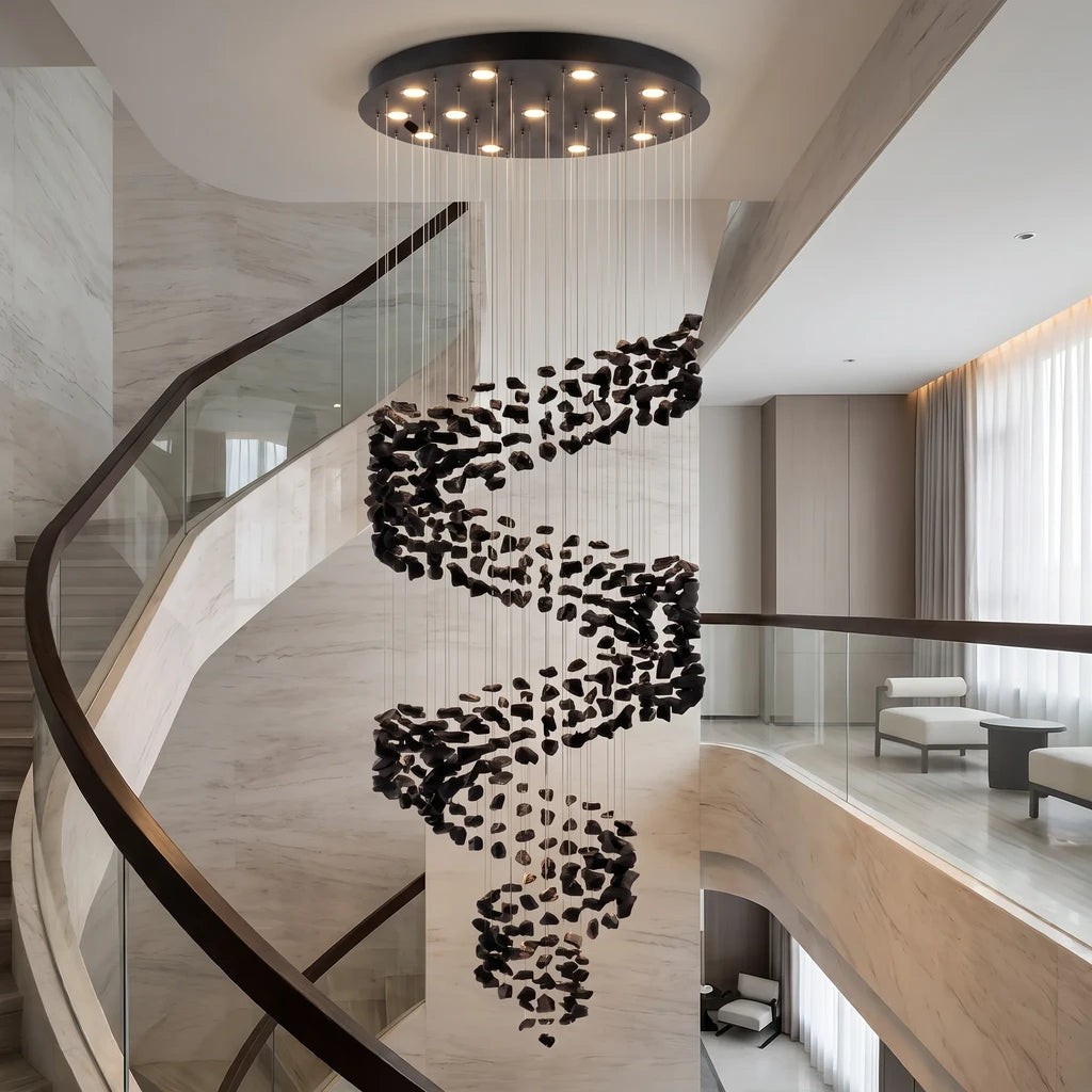 Black Obsidian Spiral Staircase Chandelier Gema — front view on white background