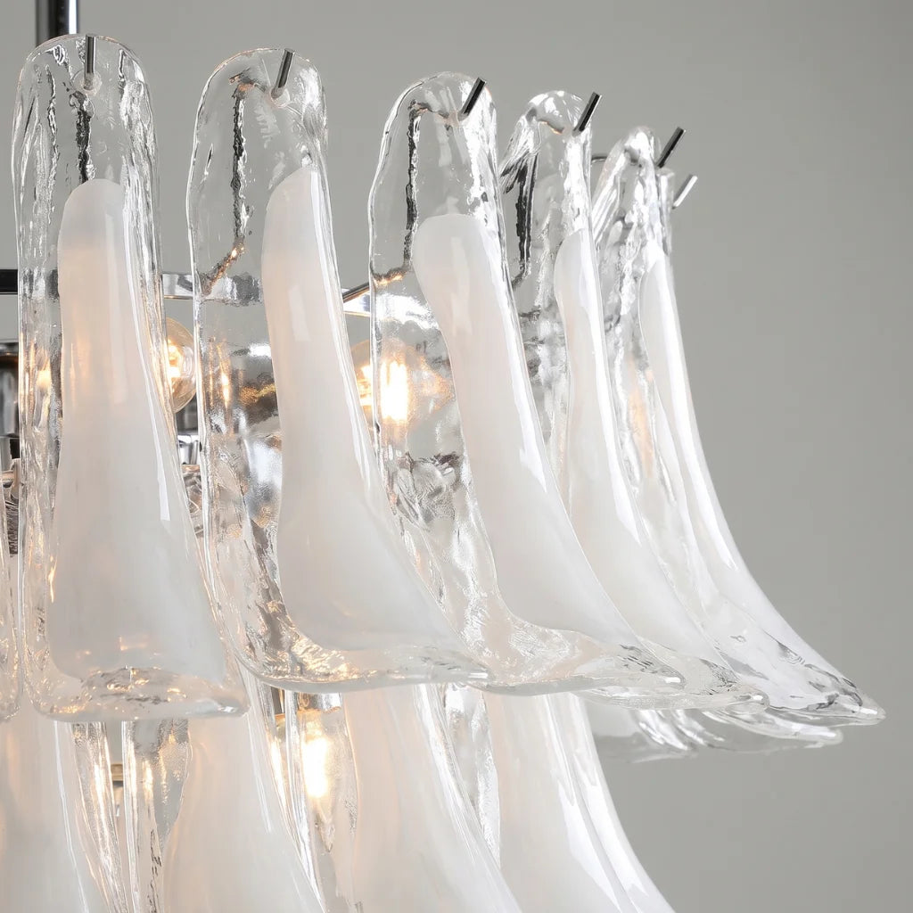 Calla chrome frosted glass tiered chandelier polished chrome frame detail close-up