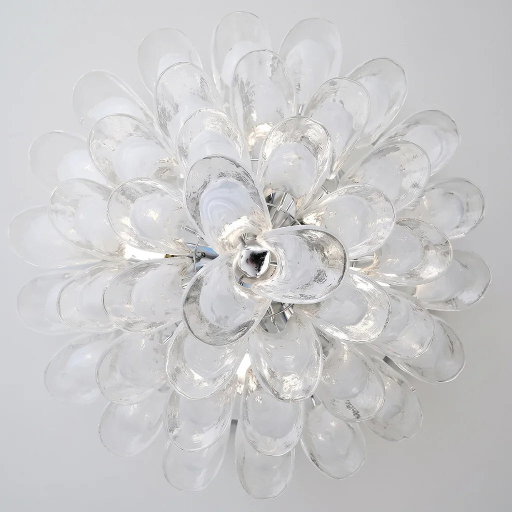 Calla chrome frosted glass tiered chandelier in vaulted ceiling setting