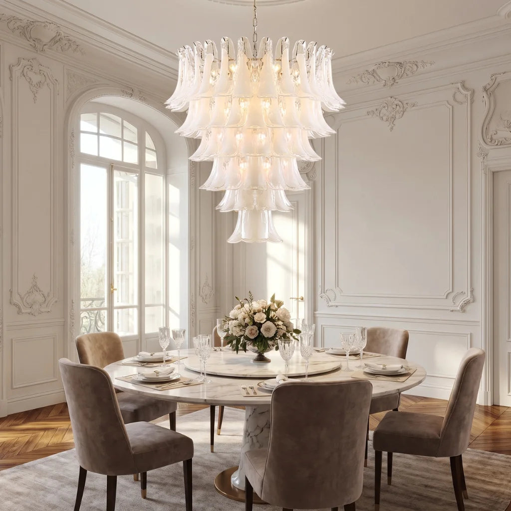 Calla Chrome Frosted Glass Tiered Chandelier - D25.6" x H33.5" (5 Tiers)