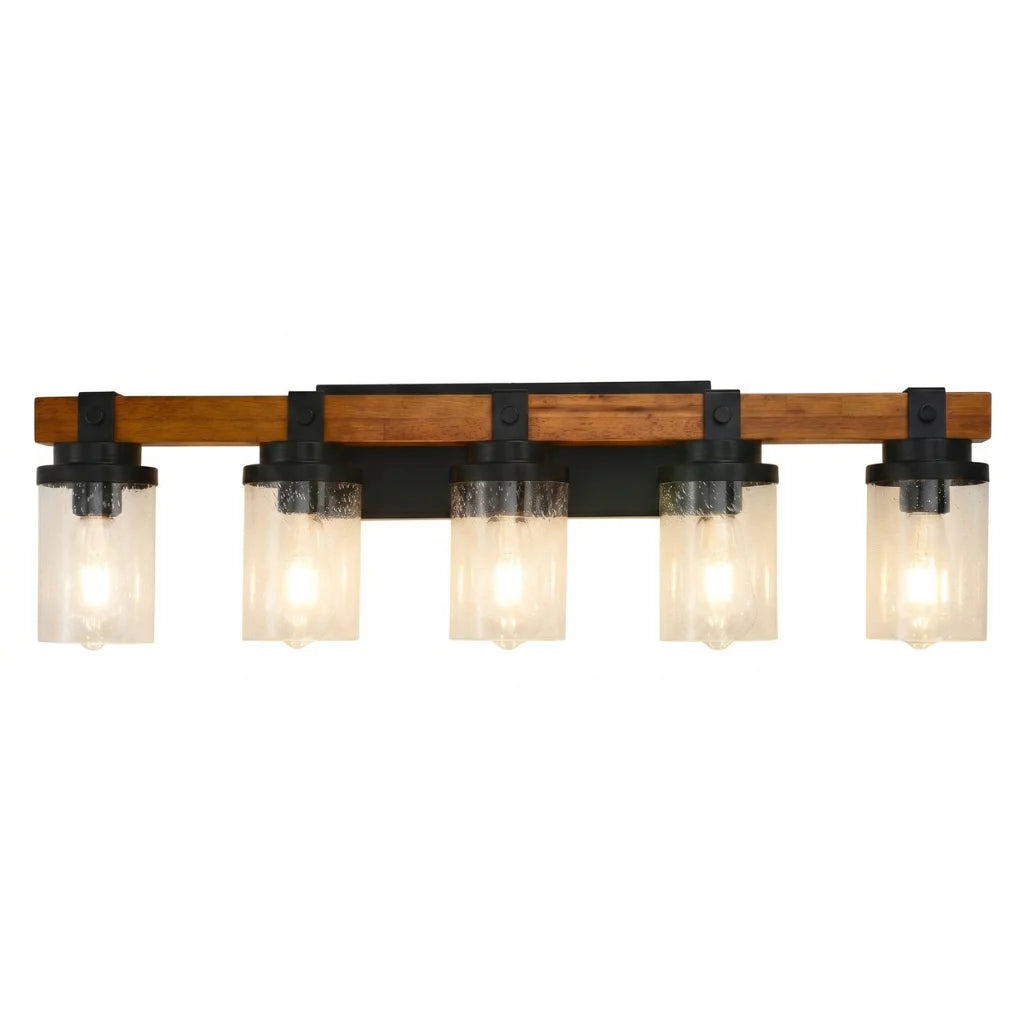 Silas matte black wall lamp with wood and glass shades