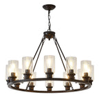 Forge black wagon wheel chandelier with glass shades front view on white background