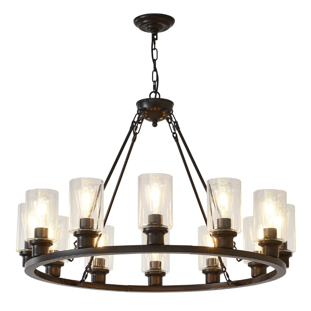 Forge black wagon wheel chandelier with glass shades front view on white background