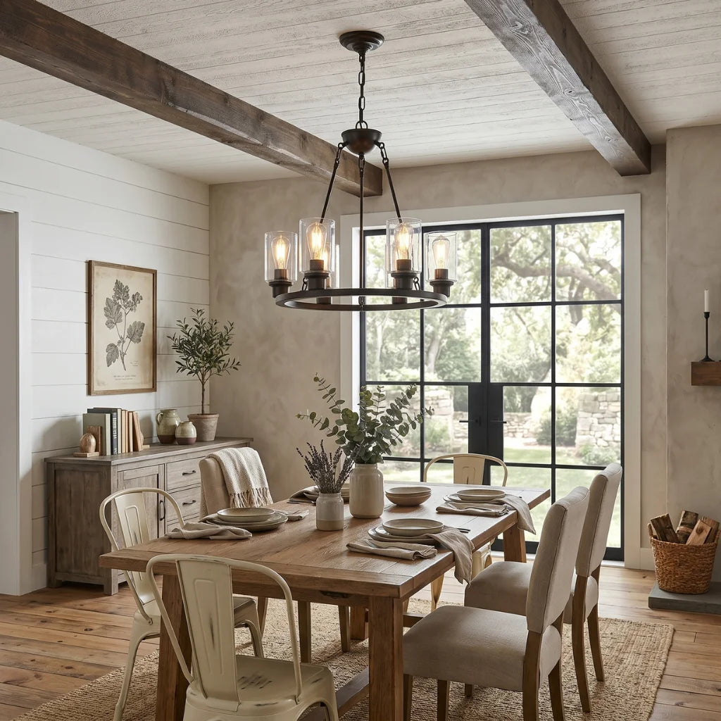 Forge black wagon wheel chandelier rustic foyer entryway installation