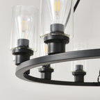Forge wagon wheel chandelier with glass shades close-up detail