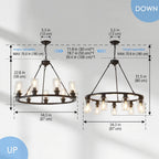 Forge black wagon wheel chandelier glass shade detail close-up