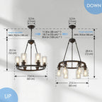 Forge wagon wheel chandelier in rustic dining room setting