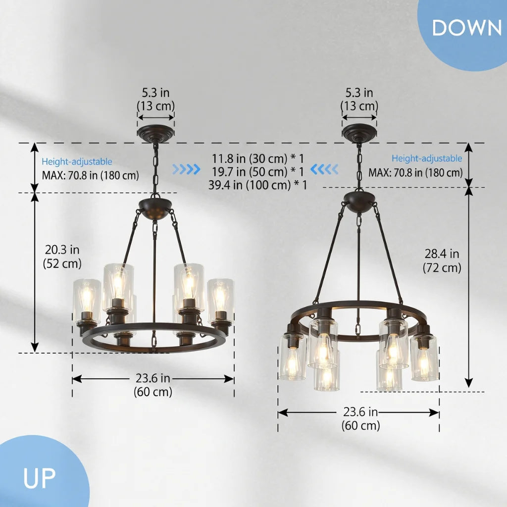 Forge wagon wheel chandelier in rustic dining room setting