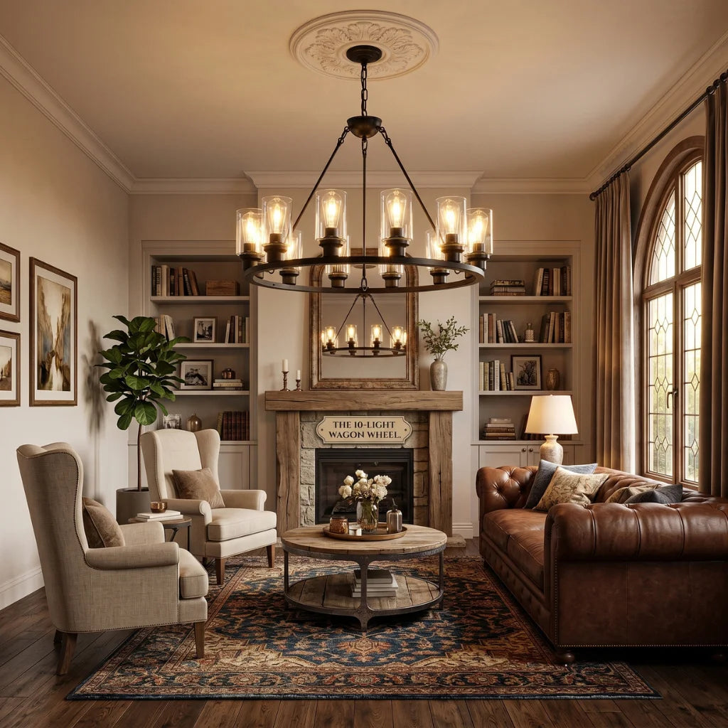 Forge black wagon wheel chandelier in farmhouse living room