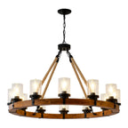 Silas rustic wood wagon wheel chandelier with seeded glass shades front view on white background