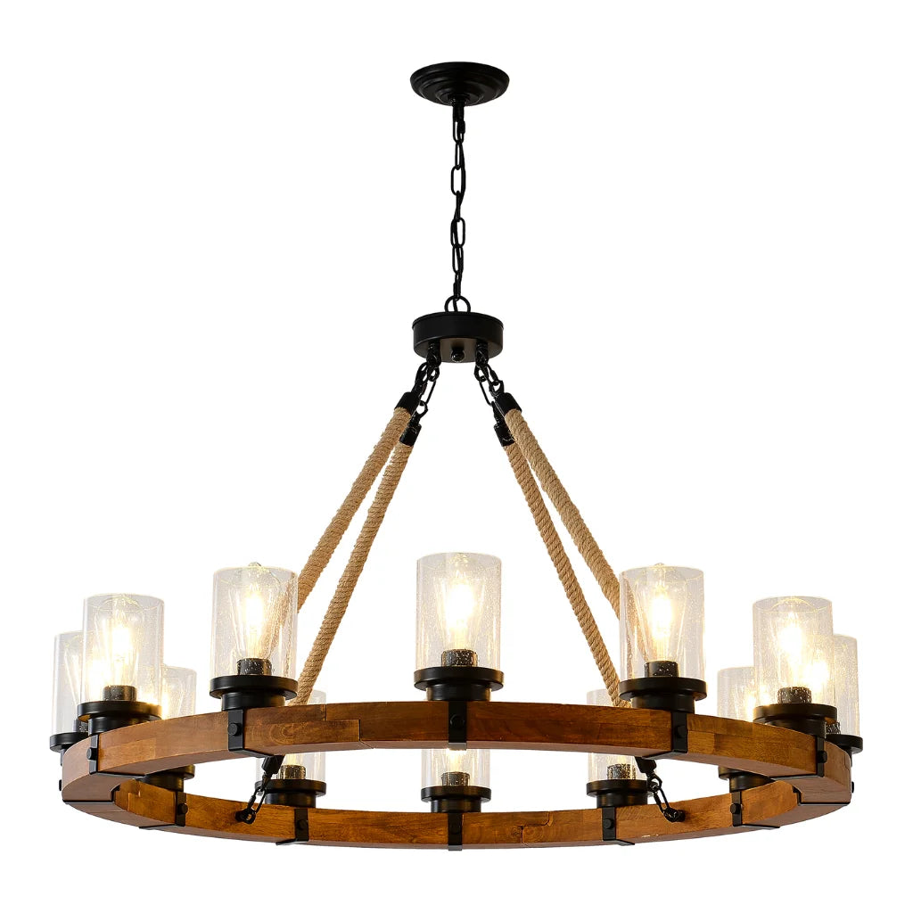 Silas rustic wood wagon wheel chandelier with seeded glass shades front view on white background
