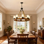 Silas wood wagon wheel chandelier with seeded glass shades in bedroom
