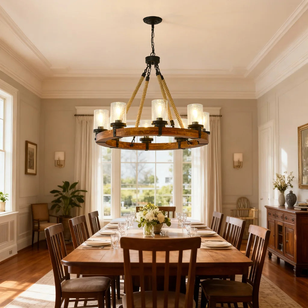 Silas wood wagon wheel chandelier with seeded glass shades in bedroom