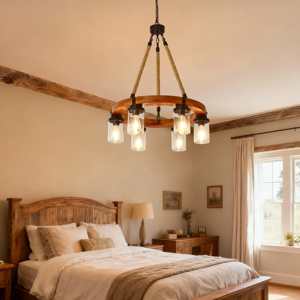 Silas rustic wagon wheel chandelier matte black metal and wood grain texture detail