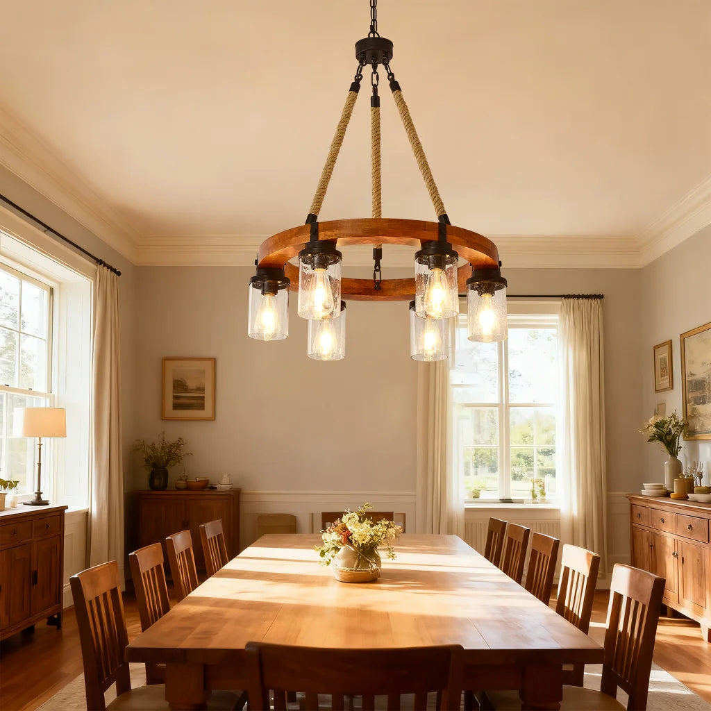 Silas rustic wagon wheel chandelier farmhouse interior lighting close-up