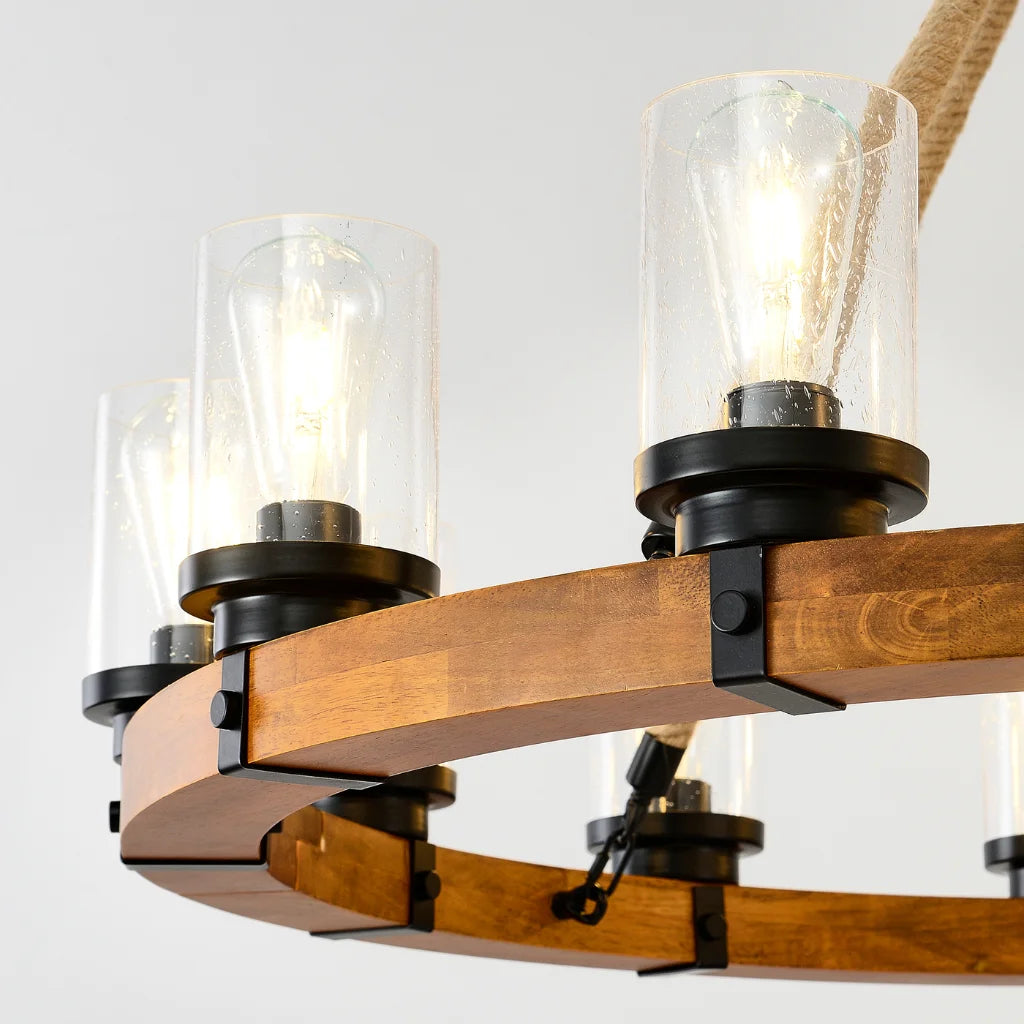Silas wood wagon wheel chandelier packaging and assembly components