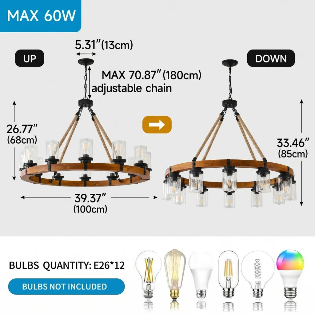 Silas wood wagon wheel chandelier angled perspective view