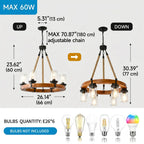 Silas wood wagon wheel chandelier in farmhouse dining room setting