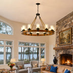 Silas rustic wagon wheel chandelier in modern living room with high ceiling