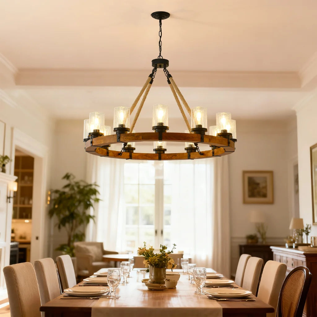 Silas rustic wagon wheel chandelier kitchen island installation