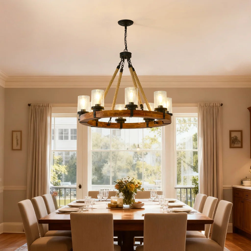 Silas wood wagon wheel chandelier in rustic foyer entryway