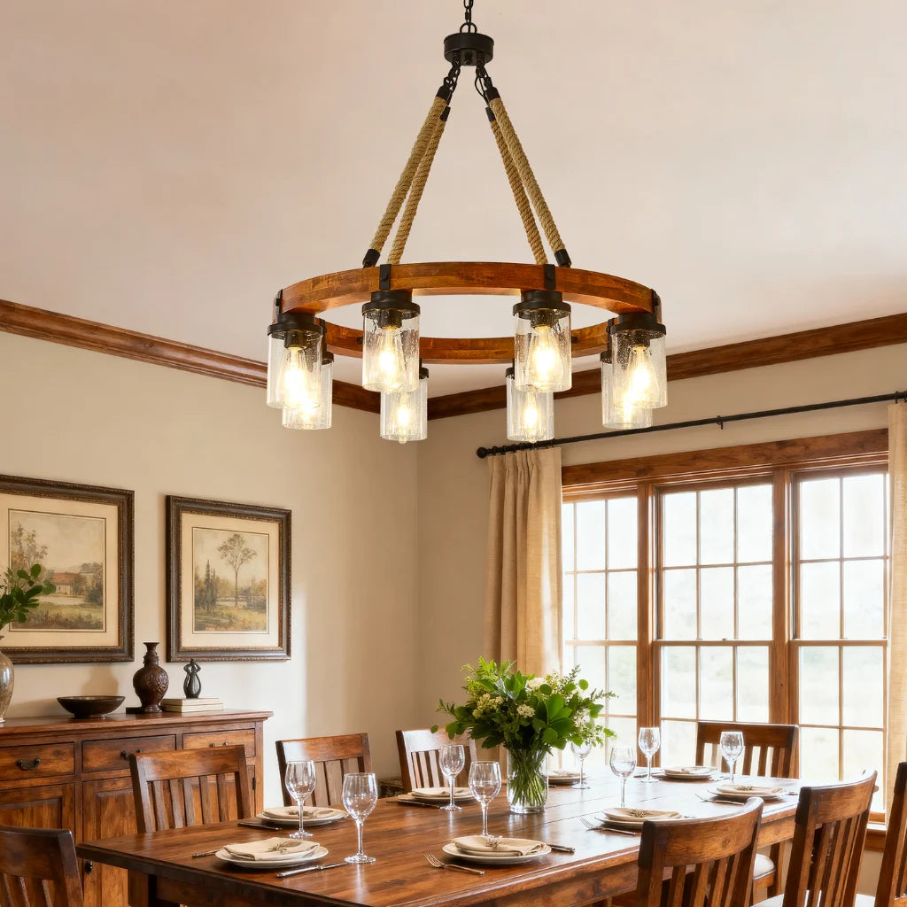Silas rustic wagon wheel chandelier alternate angle with warm lighting