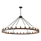 Ember wood wagon wheel chandelier with glass shades front view on white background