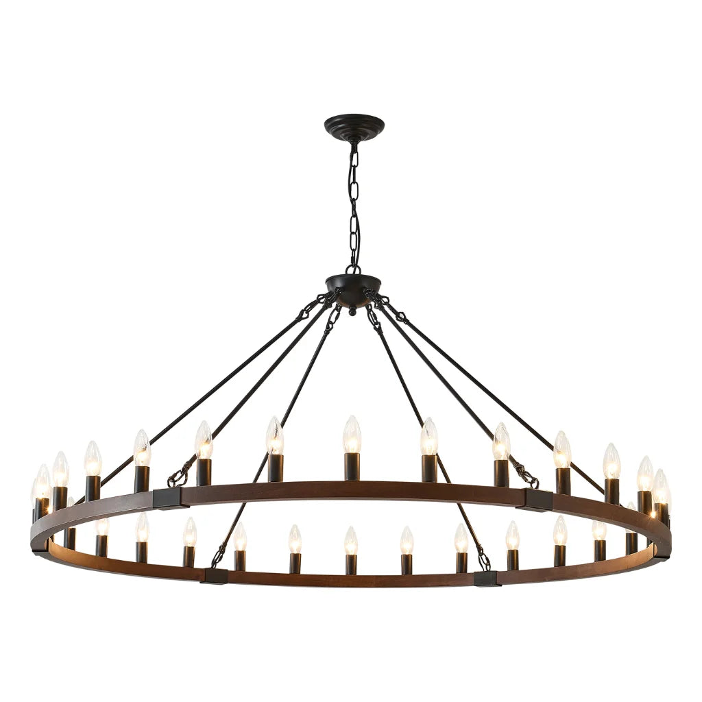 Ember wood wagon wheel chandelier with glass shades front view on white background